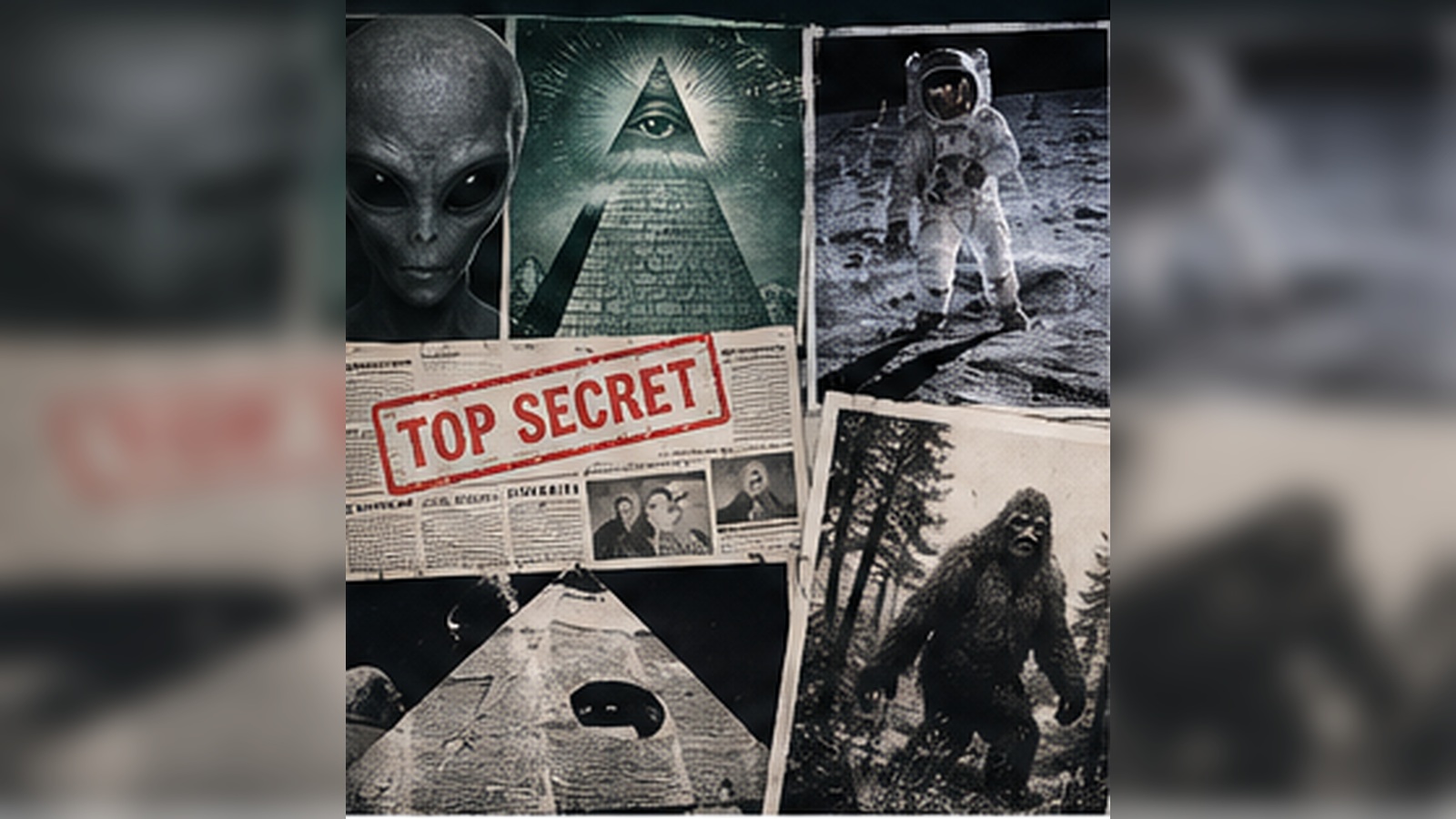 Photorealistic editorial collage of archival conspiracy imagery, including space, secret files, folklore, and classified documents.