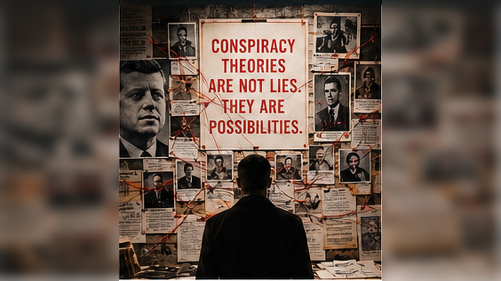 Photorealistic editorial conspiracy board with archival photographs and a lone investigator, representing the complete Department of Truth story recap.