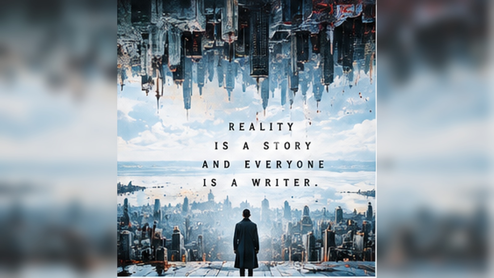 Surreal photorealistic editorial city split across mirrored realities, representing belief and competing histories in The Department of Truth.